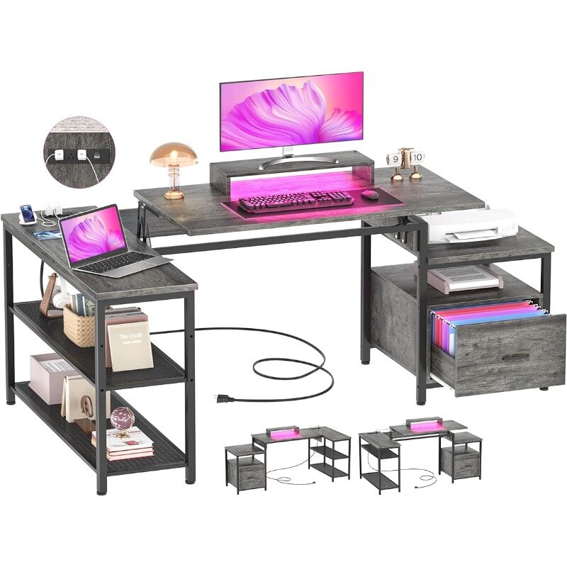 Стол L-образный с электророзеткой, стоя для дома и офиса с подъемным верхом и ящиком для файлов, угловой компьютерный стол 63 дюйма