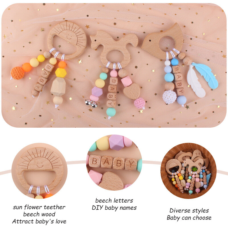 Mainan Gigit Nama Pribadi Bayi Mainan DIY Aksesori Kayu Kartun Hewan Manik-manik Silikon Mengunyah Hadiah Mandi Molar Bayi Baru Lahir