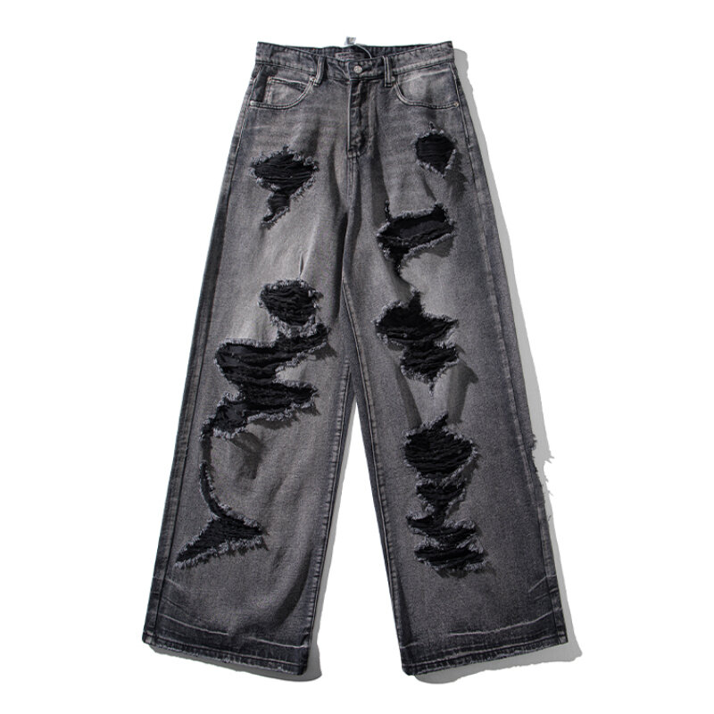 Jeans rasgados americanos de rua alta para homens, solto, casual, vintage, calças largas, hip hop, jeans largos retos, roupas de verão
