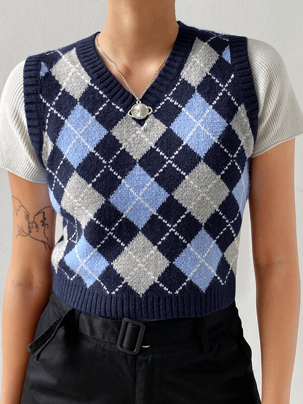 HEYounGIRL-suéter con cuello en V para mujer, chaleco Vintage de rombos, sin mangas, color negro, suéteres cortos de punto a cuadros, estilo Casual Preppy, otoño
