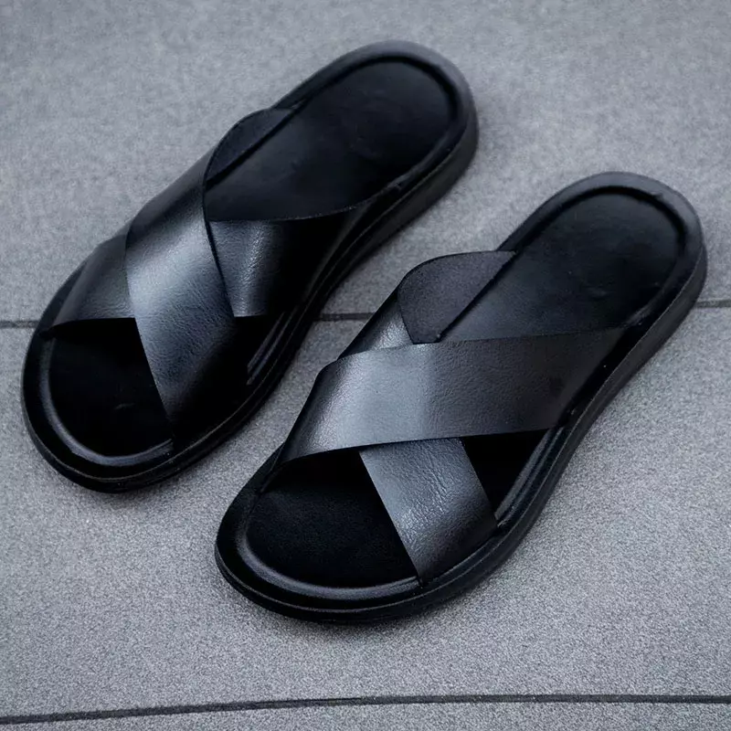 Men Shoes Italian Leather Slippers Men Beach Summer Shoes High Quality Big Size 38-47 Slip on Flats Male Flip Flops Mens Sandals