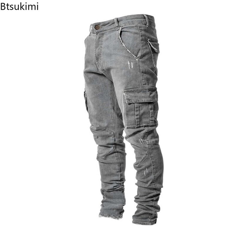 Celana kargo Denim pria baru mode desain banyak saku Jeans ramping Solid celana koboi jalanan elastis pakaian harian Jogger