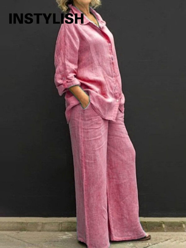 Conjunto de camisa e calça de linho manga comprida feminina, blusa casual, reta, monocromática, solta, botão, vintage, outono, 2 peças