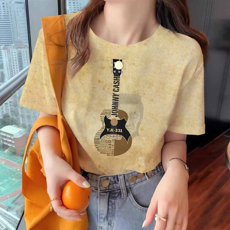 Kaus Wanita Kasual 3D, atasan Y2k musim panas longgar leher bulat lengan pendek motif gitar trendi kaus jalan untuk anak perempuan