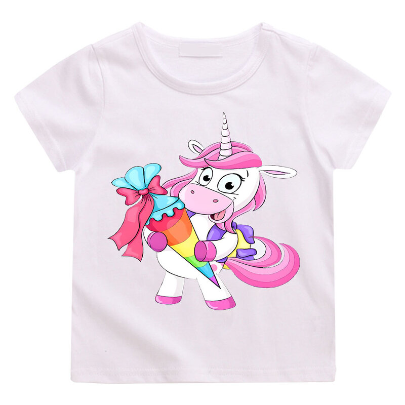 Einhorn Pferd Sommer Mädchen T-Shirt Cartoon gedruckt Kurzarm Kinder Sommer Mode Jugend Blusen hochwertige Tops