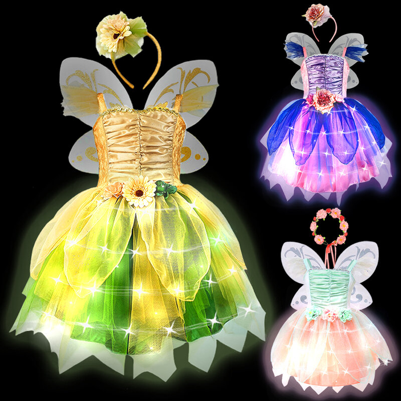 2024 przyjęcie urodzinowe kostium dzwoneczek fantazyjne wróżki LED świecąca sukienka księżniczki kwiat Elf Tutu sukienka skrzydło motyla