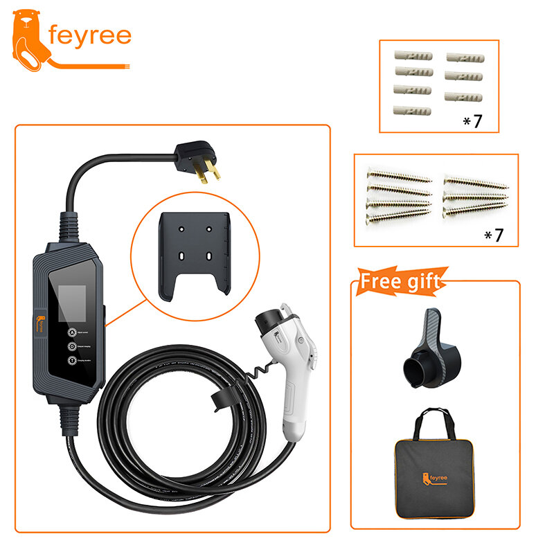 Feiyree-ポータブル電気ケーブル充電器,タイプ1,7kw,32a,1相,j1772コネクタ,充電ホルダー,5mケーブルバッグ,ボックスホルダー