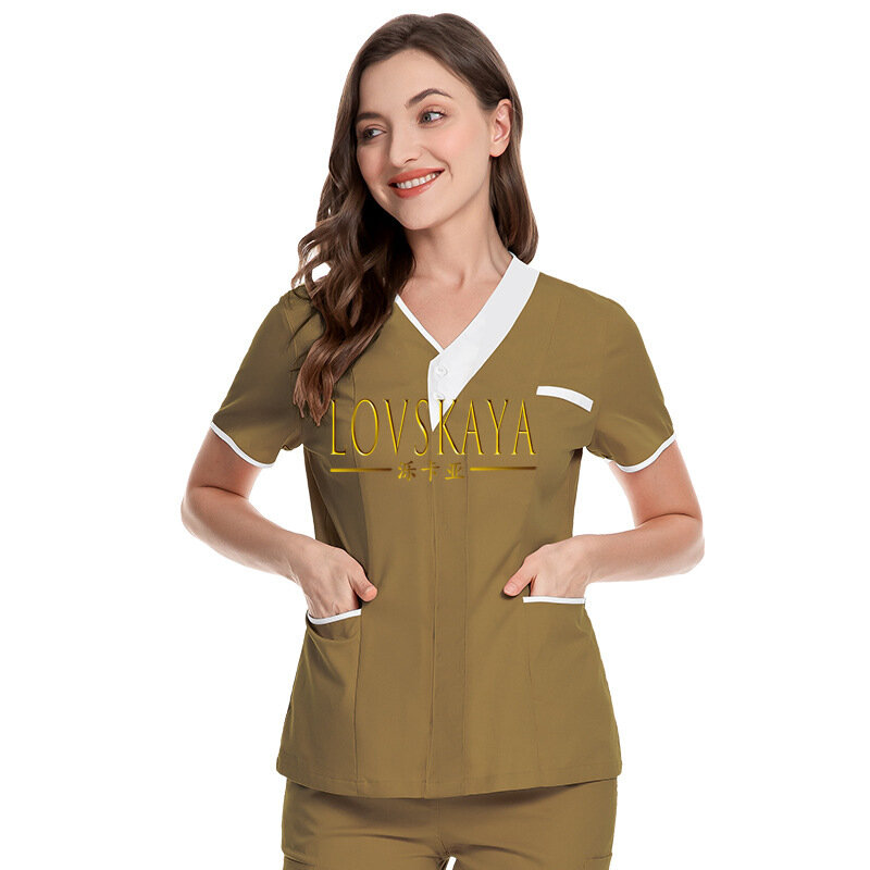 Uniforme quirúrgico de manga corta para mujer, top con cuello en V, uniforme de trabajo para enfermera, salón de belleza, médico