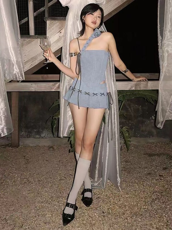 Seksowna niebieska Mini spódniczka 3D 2 sztuki zestawy damskie Y2k Streetwear bez pleców nieregularne jedno ramię gorset wierzchnia kamizelka + spódnice stroje