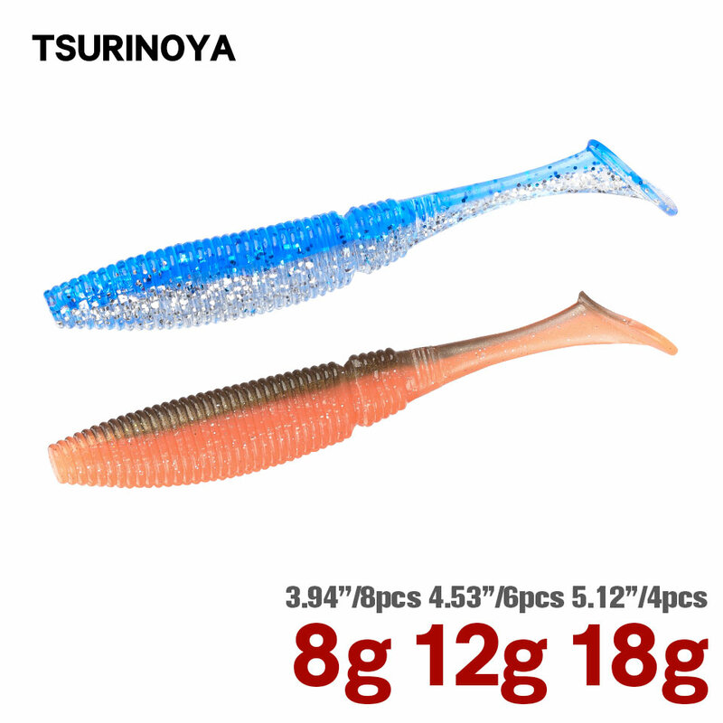 Tsurinoya-isca macia com cauda de t, 10cm, 11,5 cm, 13cm, 8g, 12g, 18g, verme de água salgada, sem chumbada, wobbler, swimbait, 8pcs