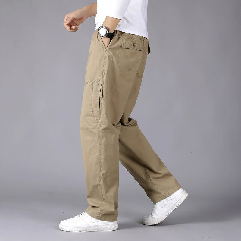 Pantalones Cargo de gran tamaño para hombre, pantalones militares tácticos con bolsillos y cremallera, pantalones holgados rectos con cordón, talla grande