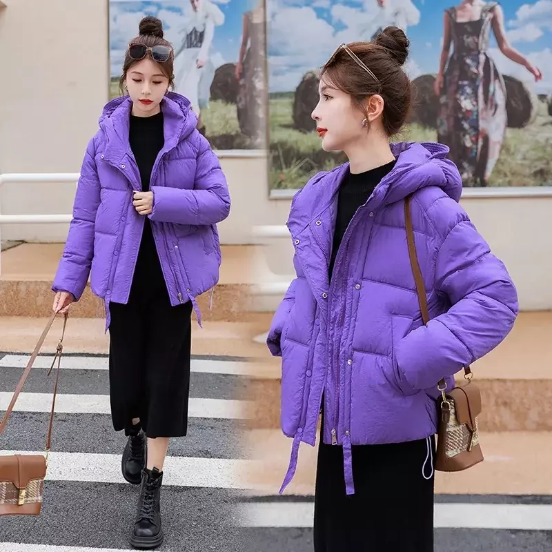 여성용 보라색 코튼 코트, 짧은 다운 코튼 코트, 한국 버전, 두꺼운 코튼 코트, 느슨한 외투, 가을, 겨울, 신상 패션, 2024