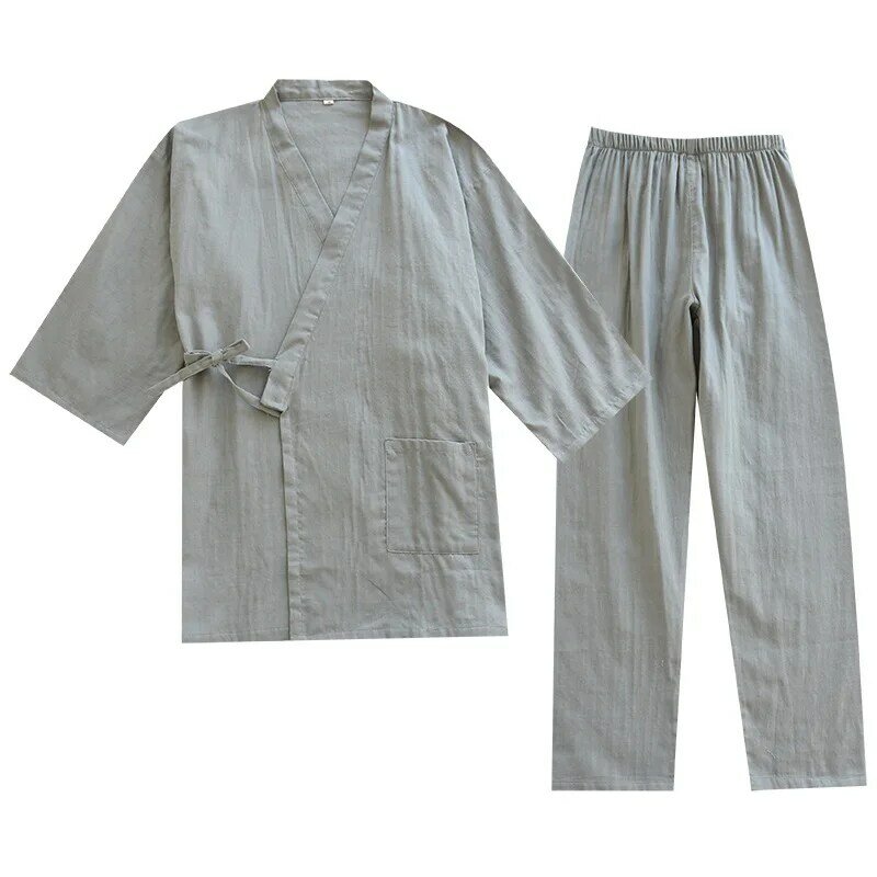 Pigiama Kimono autunnale pigiama da uomo con spalline a tre quarti da notte completo di pantaloni con scollo a v in garza di cotone pigiameria tinta unita