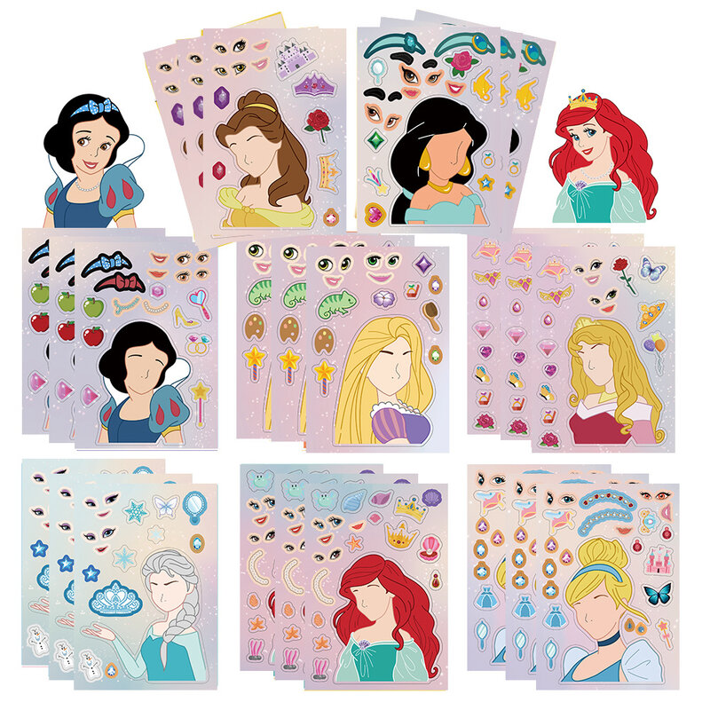 8 Sheets Disney Princess Children Puzzle Stickers Make-a-Face Funny Assemble Jigsaw DIY Cartoon Sticker Kids Educational Toys