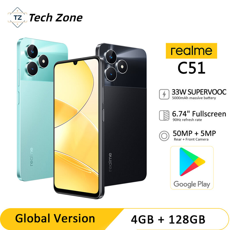 Realme-C51 Smartphone com Câmera AI, Carga SuperVOOC de 33W, Bateria 5000mAh, 6,74 pol, Tela 90Hz, 50MP