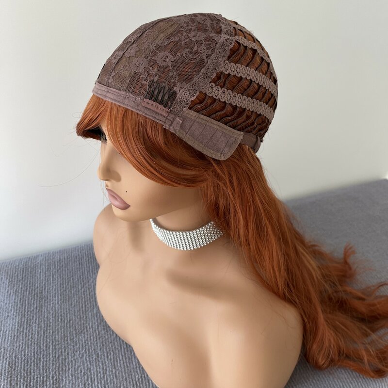 for Women Female Natural Long Synthetic Wig Daily wear Rose Net Cap Fashion Ginger Orange Cosplay