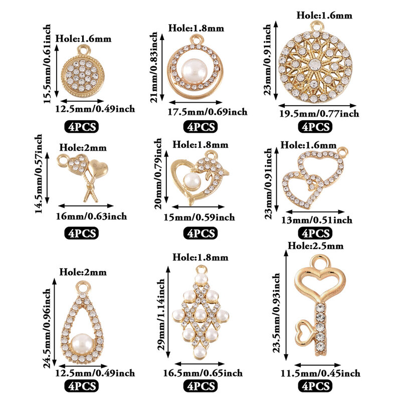 36 sztuk kryształowy wisiorek ze strasami Mix kształt sztuczna perła koralik jasny złoty kolor stop dynda Charms do tworzenia biżuterii naszyjnikowej