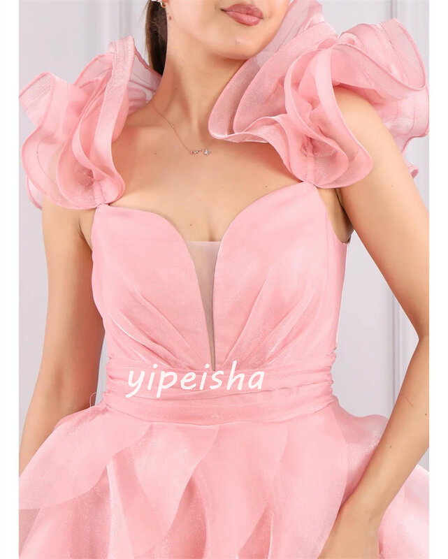 Prom Dress Evening Organza Pleat Tiered Beach A-line V-neck Bespoke Occasion Gown Long Dresses Saudi Arabia