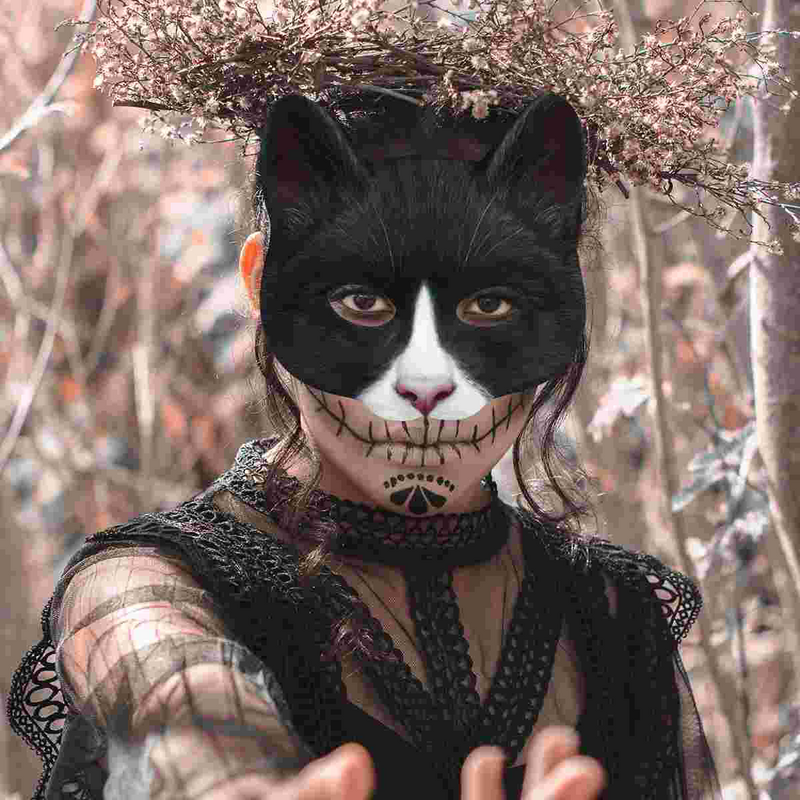 ハロウィーンキャットコスプレマスク、面白いカーニバルコスチュームアクセサリー、猫の顔カバー、1個