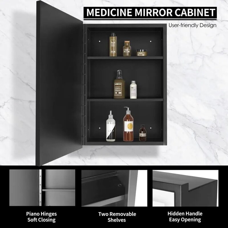خزانة أدوية للحمام مخفية لينوفو ، حامل سطح أسود بإطار معدني ، مرآة مستطيلة ، 20 بوصة × 26 بوصة ساعة