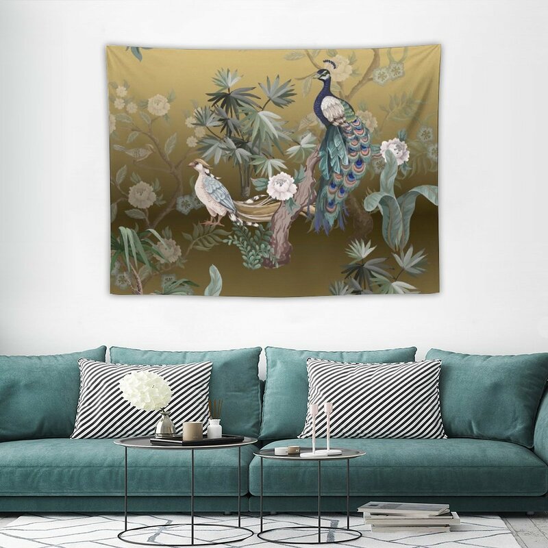 Fengshui Oriental Chinoiserie - Gold Leaf Garden with Peacock and Quail Tapestry Decor Home House Decorations