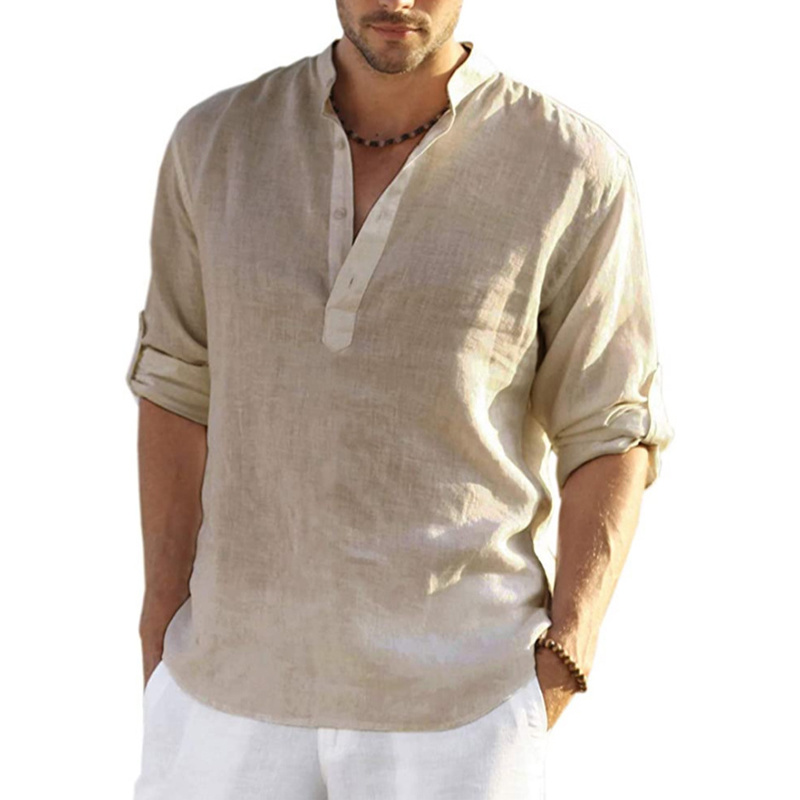 Nowa męska lniana koszulka z długim rękawem jednokolorowa luźna koszula na co dzień z długim rękawem koszula z mieszanki bawełny i lnu