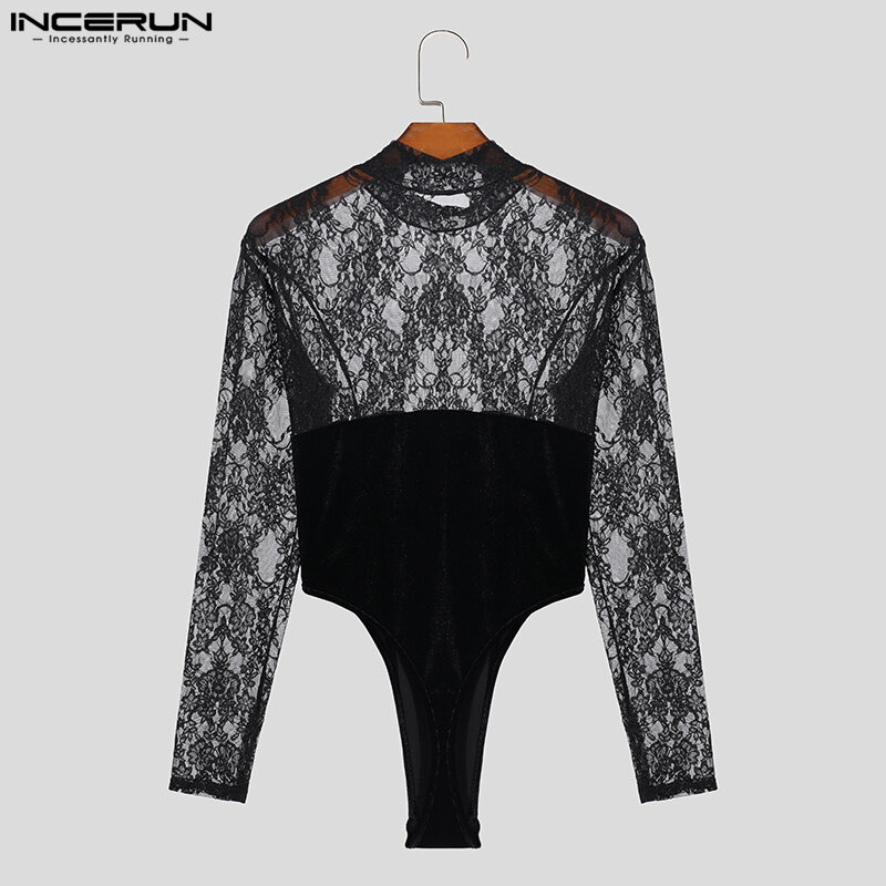 INCERUN 2024 Sexy Men Loungewear Lace Spliced Fleece Design Bodysuits Casual Half High Neck Triangle Long Sleeved Jumpsuit S-3XL