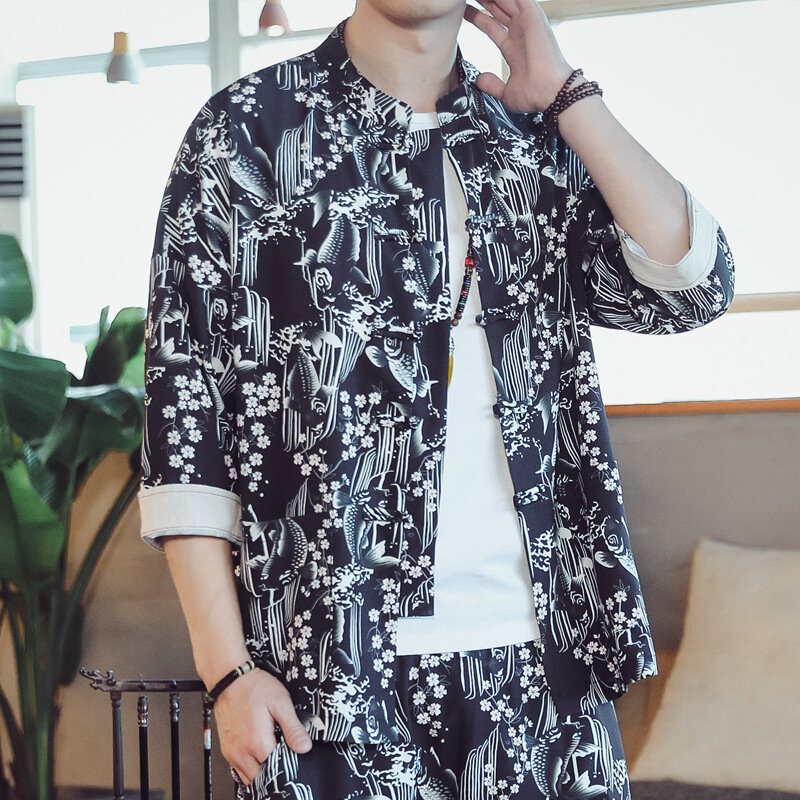 Tang Chinese Style Men's Cotton and Linen Colour Blocking Shirt 2023 Harajuku Casual Tops Hanfu Pan Button Kung Fu Clothing
