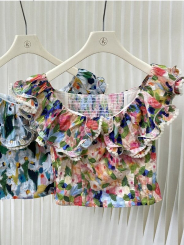 Summer Women's Street Clothing Tassel Ruffle Edge Slash Neck Tops High Quality Vintage Cotton Linen Print T-shirts Plus Size Top