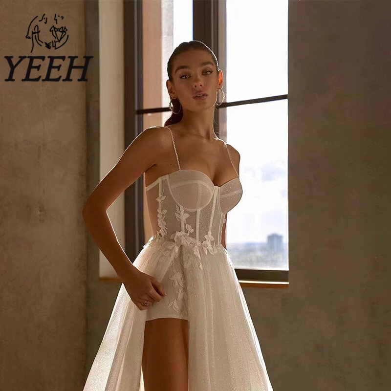YEEH Beaded Straps Wedding Dress Lace Appliques Modern Illusion Glitter Bridal Gown Slit Court Train Vestido De Noiva for Bride