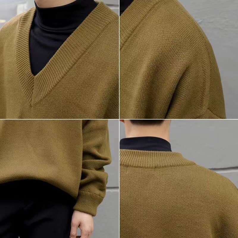 Мужской вязаный свитер с V-образным вырезом, Свободный теплый пуловер с длинным рукавом в Корейском стиле, простой однотонный приталенный свитер для мальчиков, 2023