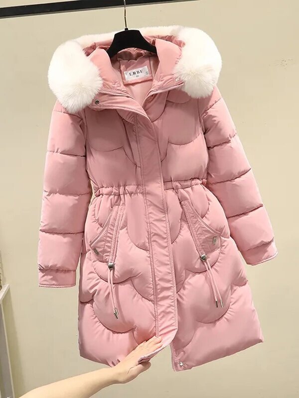 Gola de pele sintética parkas com capuz feminino, casaco frio, cordão na cintura, jaquetas acolchoadas, comprimento midi, moda coreana, magro, neve, inverno