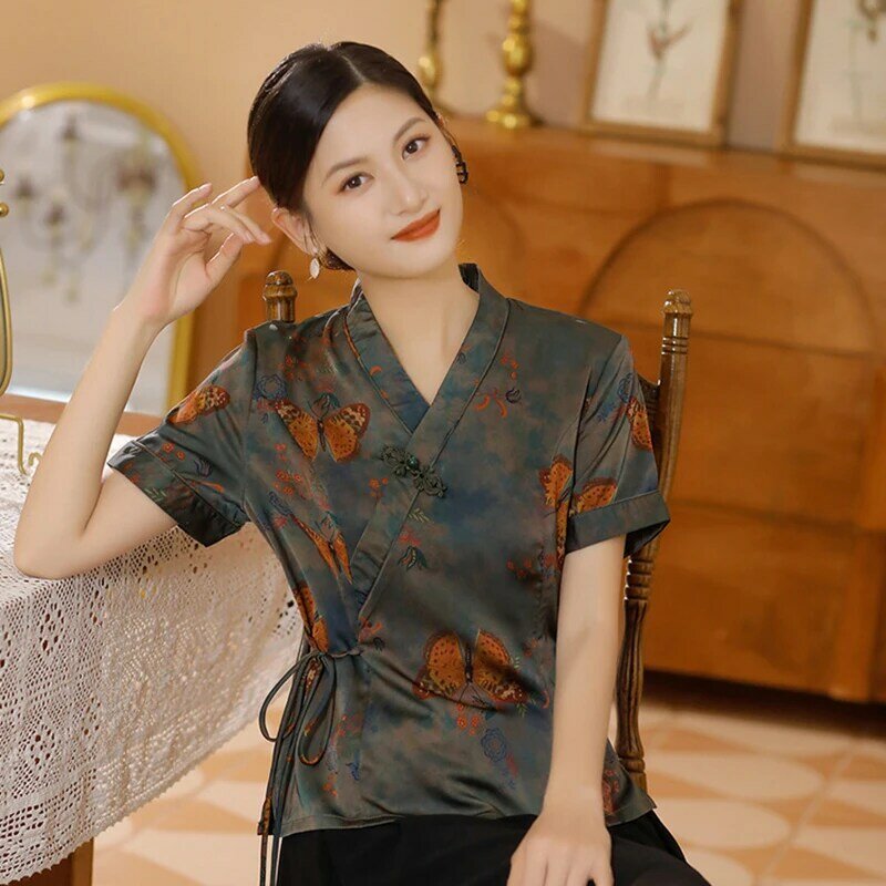 Casaco Tang com estampa de flor chinesa tradicional para mulheres, tops sensuais, camisa fina, seda macia, blusa vintage, roupas clássicas, plus size