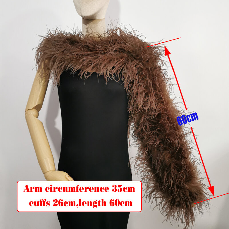 Pena de avestruz de um ombro para mulheres, pele 100% real, manga longa, pele versátil, banquete de festa, nova moda sexy, 60cm, inverno