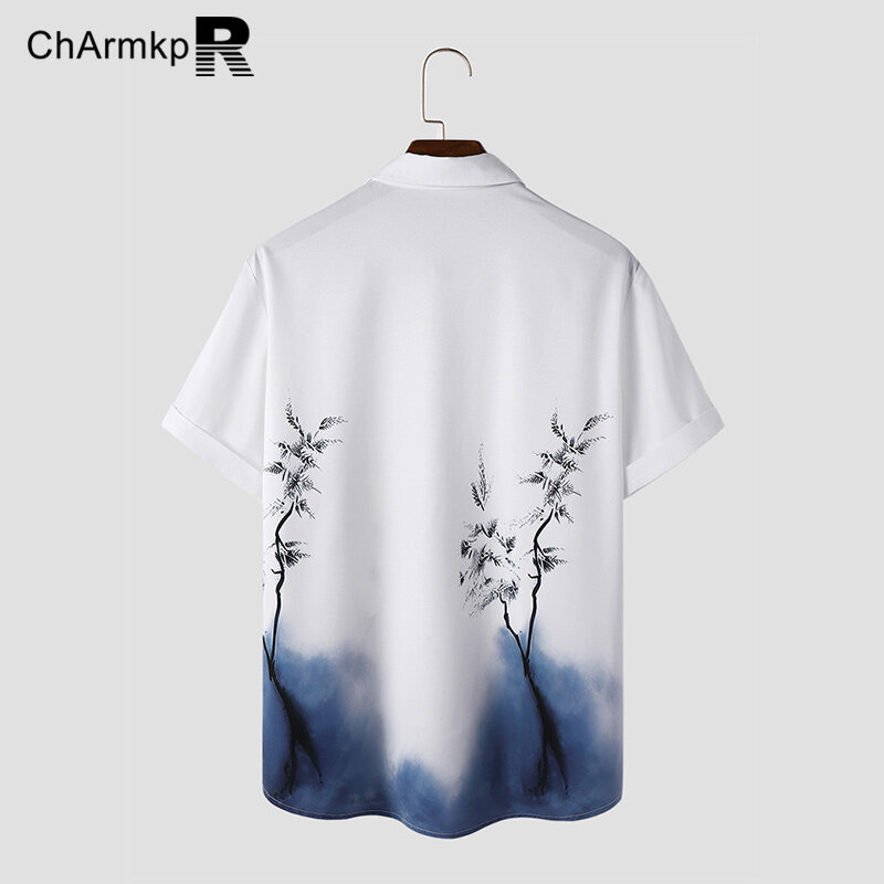 Camisas de manga curta com estampa vegetal masculina, gola virada para baixo, camisa de botão, tops verão, camiseta streetwear, Charmkpr, 2022