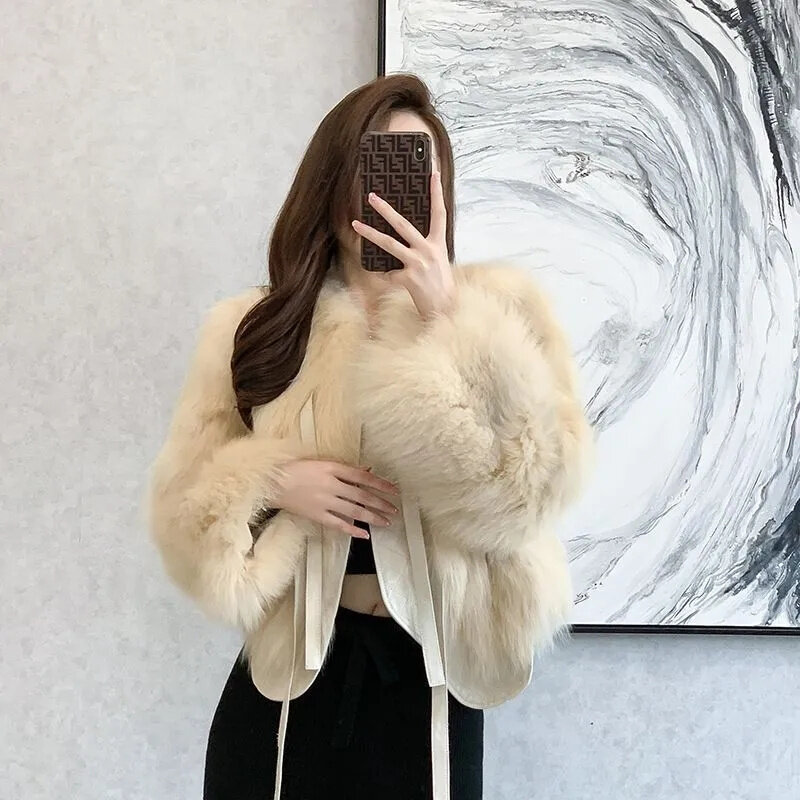 Lmitation Fox Fur Coat Women's Short 2023 Autumn/Winter New Korean Version All Tie Up thick Coat Sweet Warm