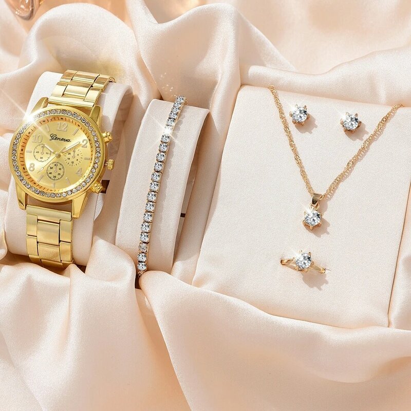 Jam tangan wanita kasual, 6 buah Set mewah cincin kalung anting berlian imitasi mode arloji wanita