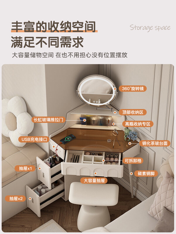 Small Apartment Corner Dressing Table Bedroom Corner Triangle Makeup Table with Makeup Mirror Corner Bedside Table Integrated