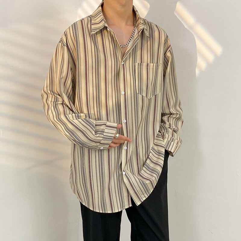 Camisa de manga comprida estilo coreano listrado masculino, camisa casual, tamanho de polegadas, senso de luxo, ruffian e bonito