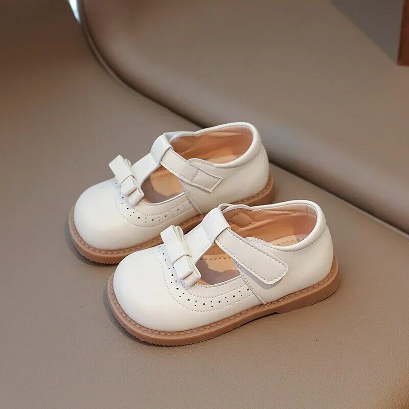 Children's Leather Shoes Cut-outs Bowtie Girls' Flat Shoes Spring Autumn Fashion Kids Princess Causal Walking Shoes Hook Loop