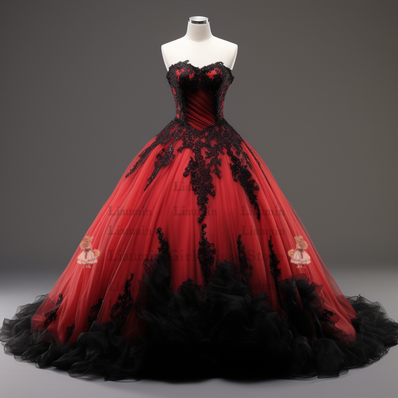 Comprimento total do vestido com borda do laço, vestido de baile sem alças, Applique Ball Gown, vermelho e preto, Elagant Vestuário, W3-2, Novo