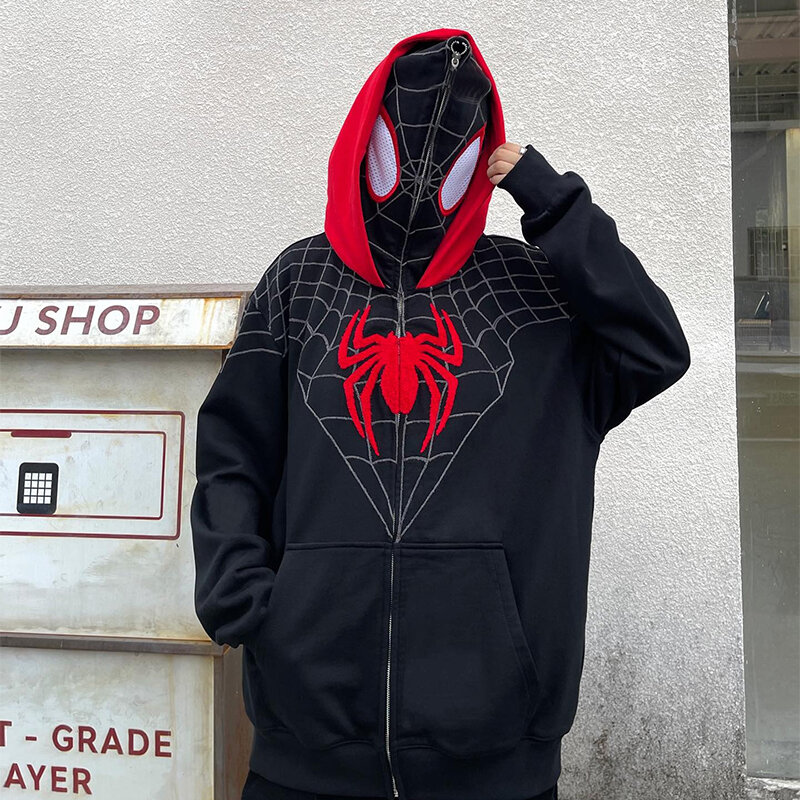 American retro street Spider print stitching stand collar sweater men and women spring and autumn tide brand sports hoodies top