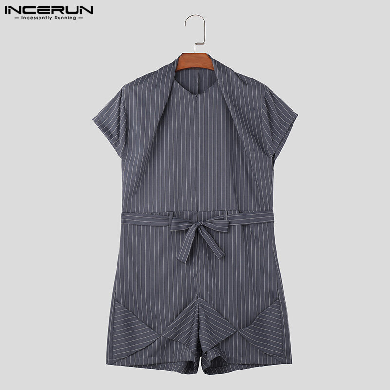 INCERUN 2024 American Style New Mens Jumpsuits Fashion Stripe Design Shorts Short Sleeved Casual Streetwear Rompers Shorts S-5XL