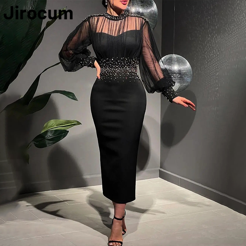 Jirocum-vestido de fiesta de manga larga con cuello alto y cuentas, traje de noche de sirena, color negro, elegante, saudita, novedad de 2024