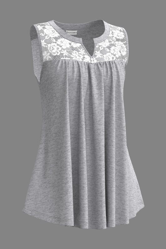 Flycurvy Plus Size Casual Grey Lace Stitching Decorative Button Fold Tank Top