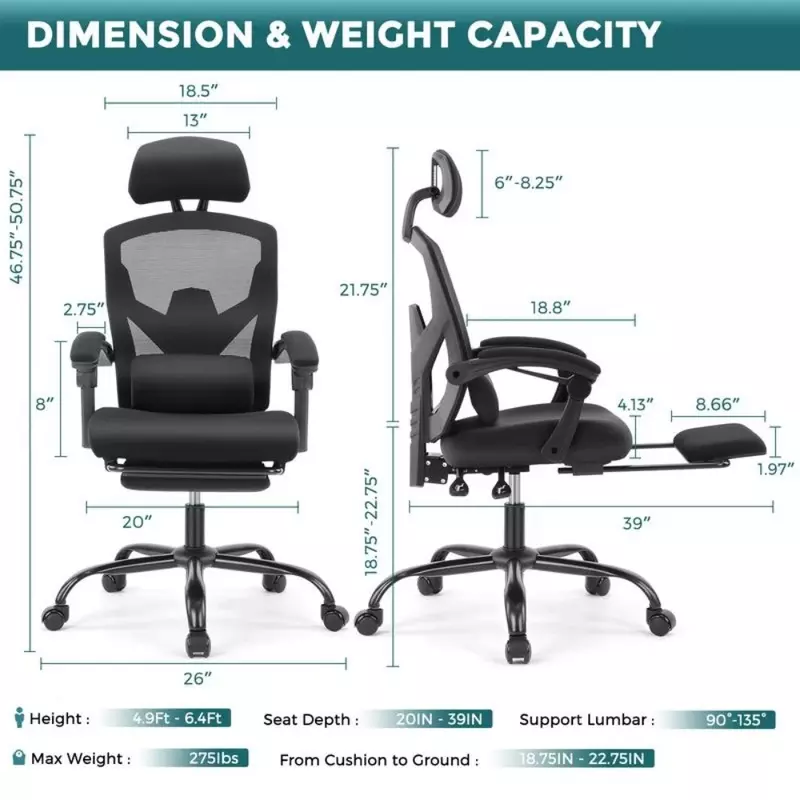 Ergonomic Office Chair, with Lumbar Pillow & Retractable Footrest, Mesh Office Chair with Armrests and Adjustable Headrest