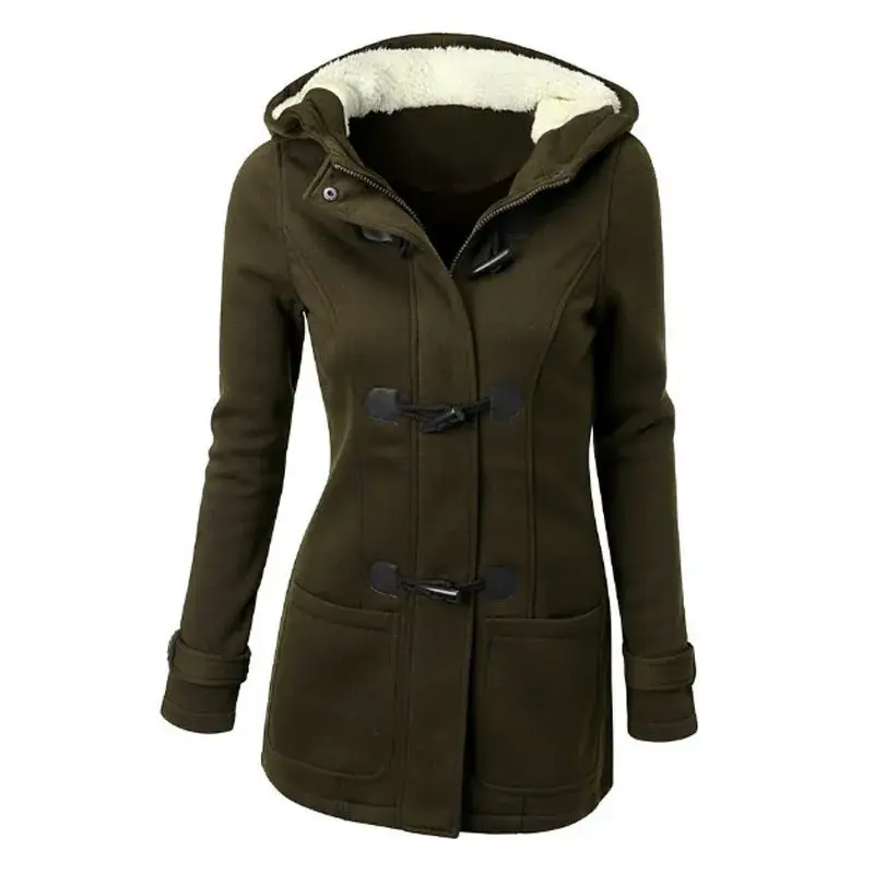 Oversize Women Cotton Horn Button Slim Casual Coat Winter 2024 New Parkas Long Sleeve Warm Jacket Grey Solid Hood Pocket Coat