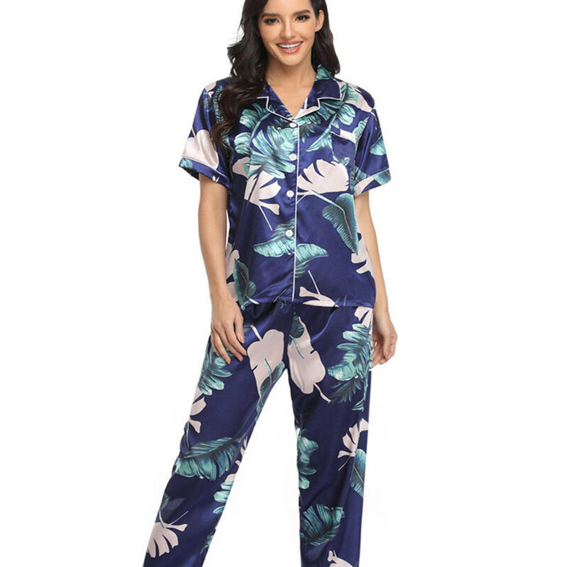 Conjunto de Pijama con estampado de 2 piezas para Mujer, ropa de dormir de satén de seda sintética, con botones, de manga corta, para primavera y verano