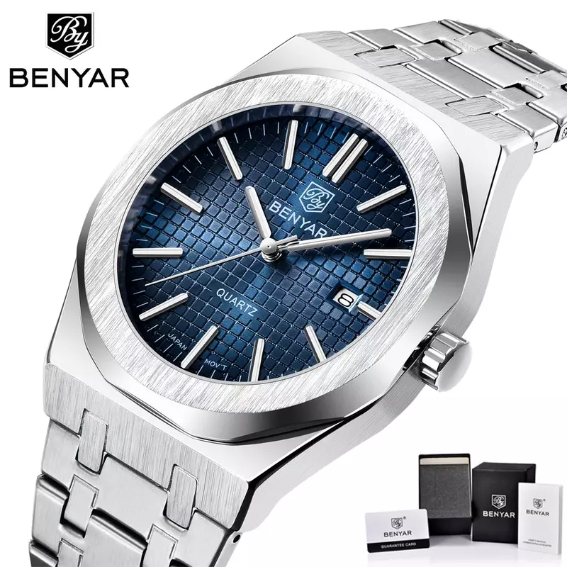 Benyar-reloj analógico de acero inoxidable para hombre, accesorio de pulsera de cuarzo resistente al agua con calendario, complemento Masculino de marca de lujo con esfera azul, perfecto para negocios