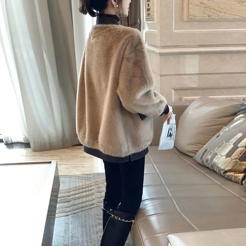 Xiaoxiangfeng-Manteau de fourrure intégré pour femme, pardessus court, vison 216.239., coupe coréenne At, mélange de laine, veste de tempérament à col en V